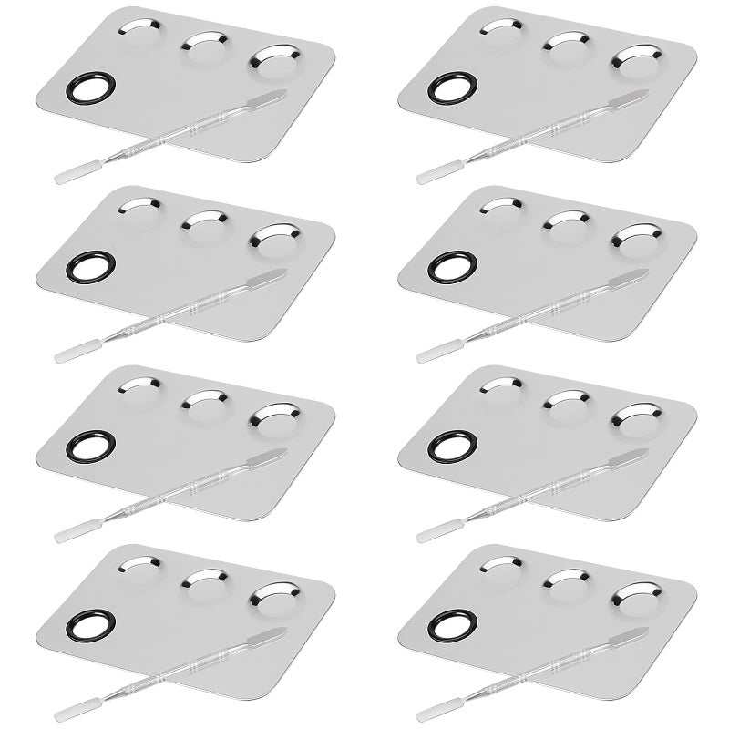 JAPCHET 8 PCS Mixing Makeup Palettes 3Well Makeup Palette Mixer Tray Stainless Steel Cosmetic Palette with 8 PCS Spatula Tool Multipurpose Makeup Applicators for NailArt Cosmetic Pigment